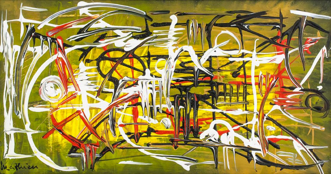 Georges Mathieu French Abstract Oil on Canvas: Oil on canvas, framed. Featuring an abstract expressionist composition. Signed Mathieu on the lower left corner. Attributed to Georges Mathieu (1921-2012, French). 30 x 58 cm (11.75 x 22.75 inches). F