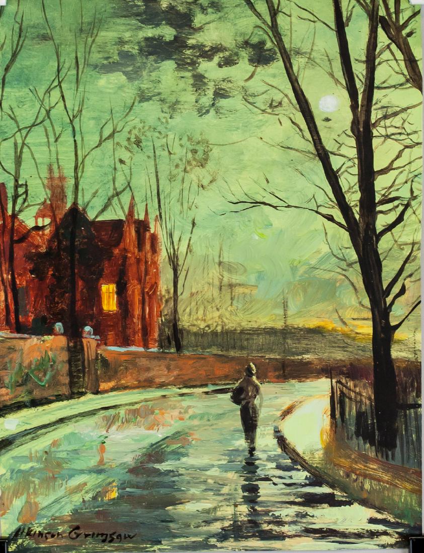 John Atkinson Grimshaw UK Impressionist Mixed: Tempera and oil on paper, unframed. Featuring a figure walking away down a dimly lit street. Signed Atkinson Grimshaw in bottom left. Inscribed with "3182" and "John Atkinson Grimshaw" on verso. Stamp