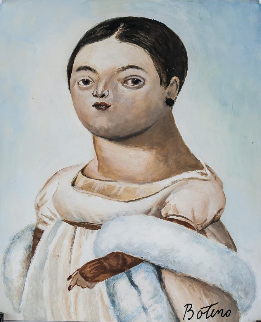 Fernando Botero Colombian Naive Oil on Paper: Oil on paper. Featuring a portrait of a woman. Signed Botero on the lower right corner. Inscribed Fernando Botero and 92. verso. Stamped Lewis Spencer London, verso. Attributed to Fernando Botero (bor