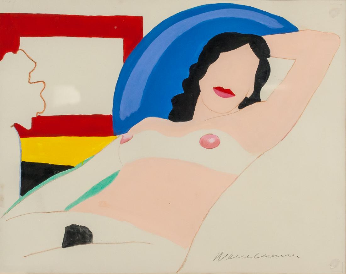 Illegibly Signed Acrylic on Board Nude Portrait: Acrylic on board, framed. Featuring a nude portrait. Signed Illegibly on the lower right corner. Label affixed to verso inscribed TOM WESSELMANN / "Painting for Amy" / 1993 / "13.25 x 10.50." GALERIE