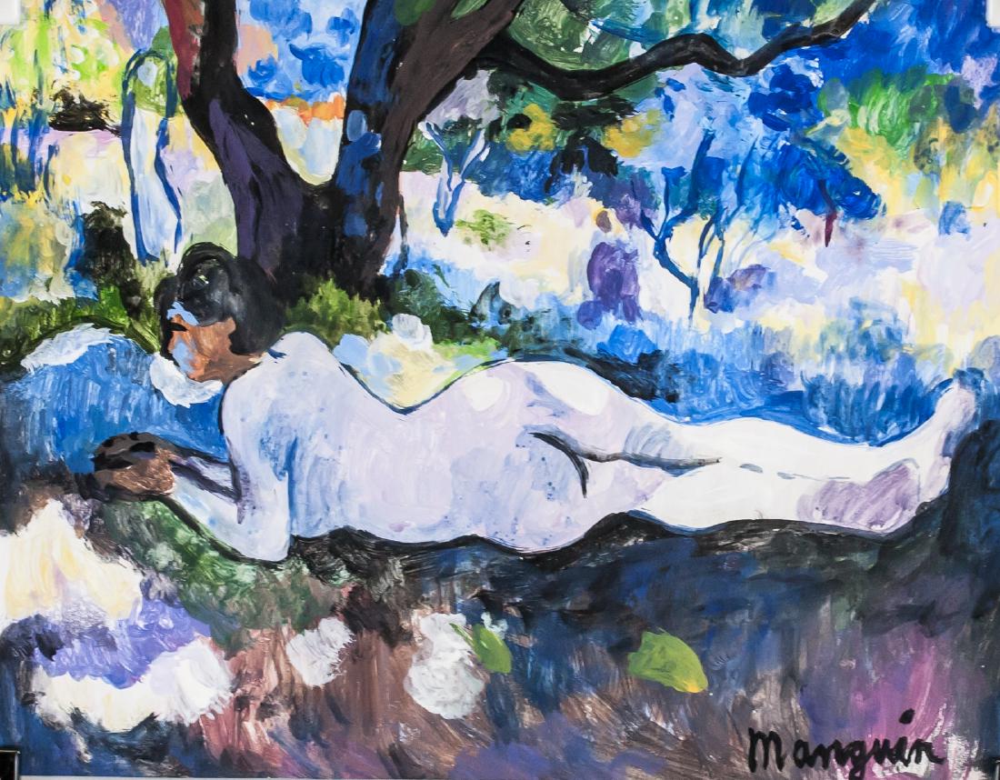 Henri Manguin French Fauvist Tempera on Paper: Tempera on paper, unframed. Featuring woman lying beneath a tree. Signed Manguin in lower right corner. Inscribed "Henri Manguin 32" on verso. Stamped illegibly on verso. Attributed to Henri Charles M