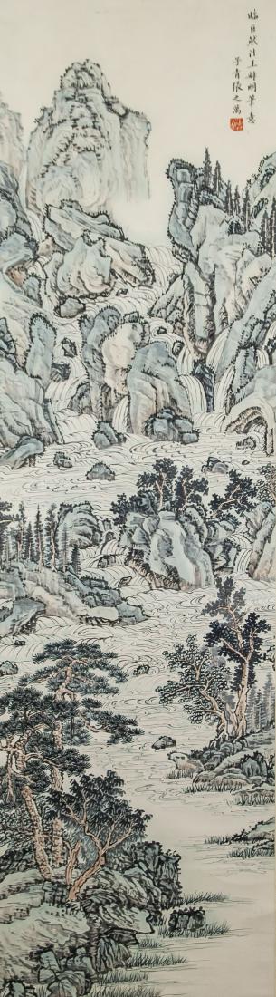 Zhang Zhiwan 1811-1897 Chinese Watercolor Mountain: Ink and watercolor on paper, hanging scroll. Featuring mountainous landscape. Signed Zhang Zhiwan (1811-1897, Chinese), inscribed with 1 artist seal. 117 x 32.5 cm