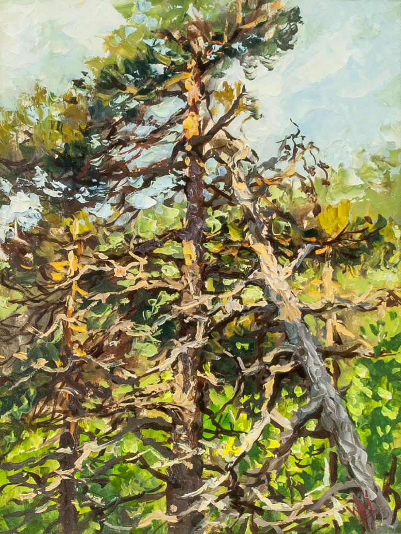 Artist Signed KPM Russian Oil on Paper Landscape: Oil on paper, framed. Featuring a forest landscape scene. Signed "KPM" by the artist on the lower right corner. 24 x 18 cm (9.5 x 7 inches) framed: 36 x 43 cm(14 x 17 inches)