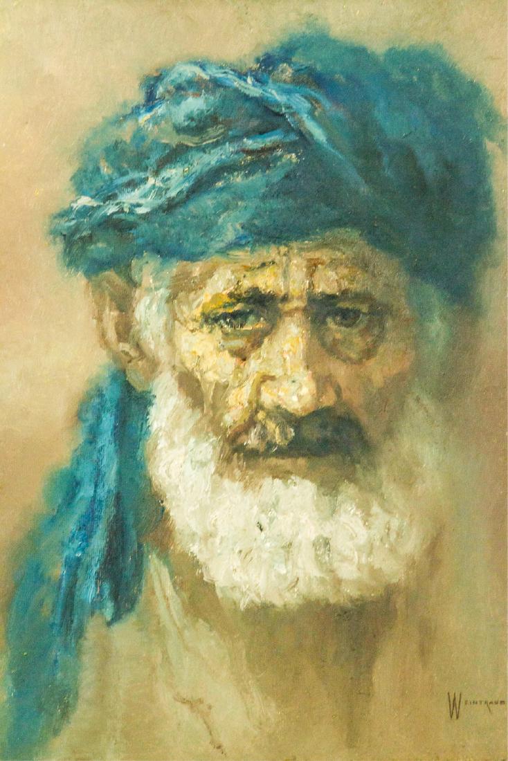 William Weintraub Canadian 1926-2017 Oil on Board: Portrait of an old man; oil on panel; framed. Signed and attributed to Weintraub (1926-2017, Canadian) on the lower right corner. 47 x 37 cm (18.5 x 14.6 inches). William Weintraub was a Canadian jour
