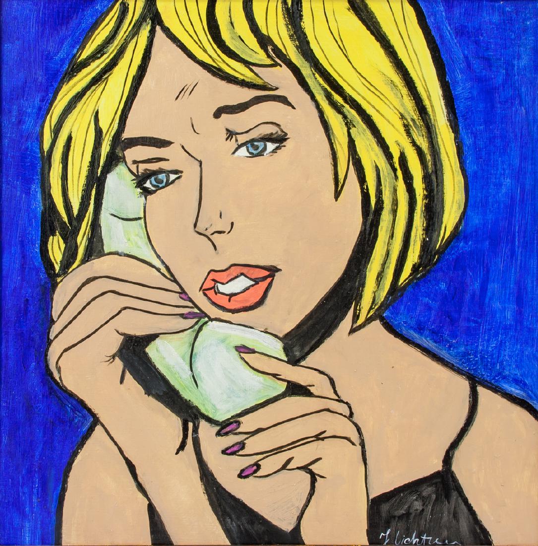Roy Lichtenstein American Pop Art Oil on Canvas: Oil on canvas, framed and stretched. Featuring a girl on the phone. Signed Roy Licthenstein (1923-1997, American) on the lower right corner. 39 x 39 cm (15.4 x 15.4 inches). Frame size: 44.5 x 44.5 cm