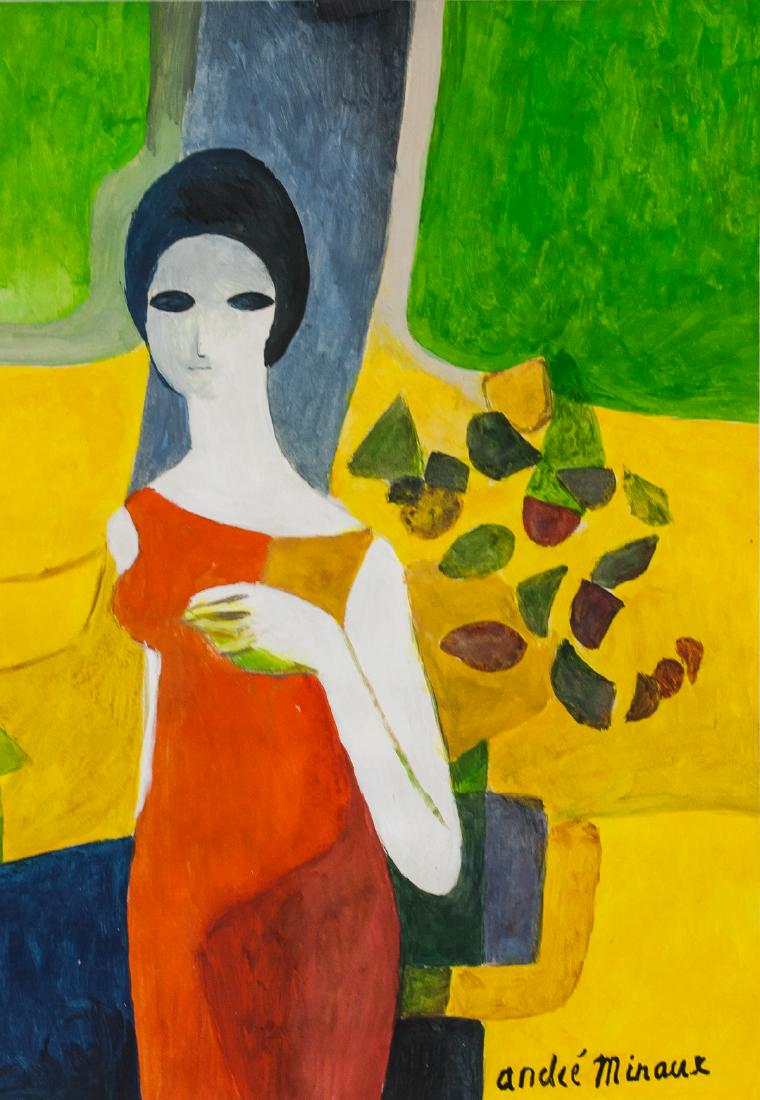 Andre Minaux French Social Realist Tempera: Tempera on paper. Featuring a portrait of a woman. Signed andre Minaux on the lower right corner. Inscribed 144 in pencil on verso. Stamped Byne on verso. Attributed to Andre Minaux (1923-1986, French