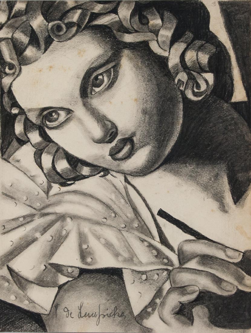 Tamara de Lempicka Polish Art Deco Charcoal Paper: Charcoal on paper. Featuring a portrait of a woman. Signed T. de. Lempicka near lower edge. A label affixed to verso inscribed O'HANA GALLERY / 13 Carlos Place, Grosvenor Square / LONDON, W.I. / Tamar