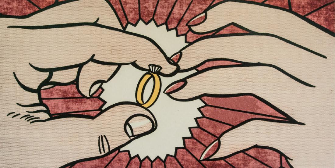 Roy Lichtenstein American Pop Signed Litho AP: Lithograph on paper. Featuring a ring being placed on a finger. Signed Roy Lichtenstein and inscribed A.P., artist's proof in pencil on the lower right and lower left corner, respectively. Attributed