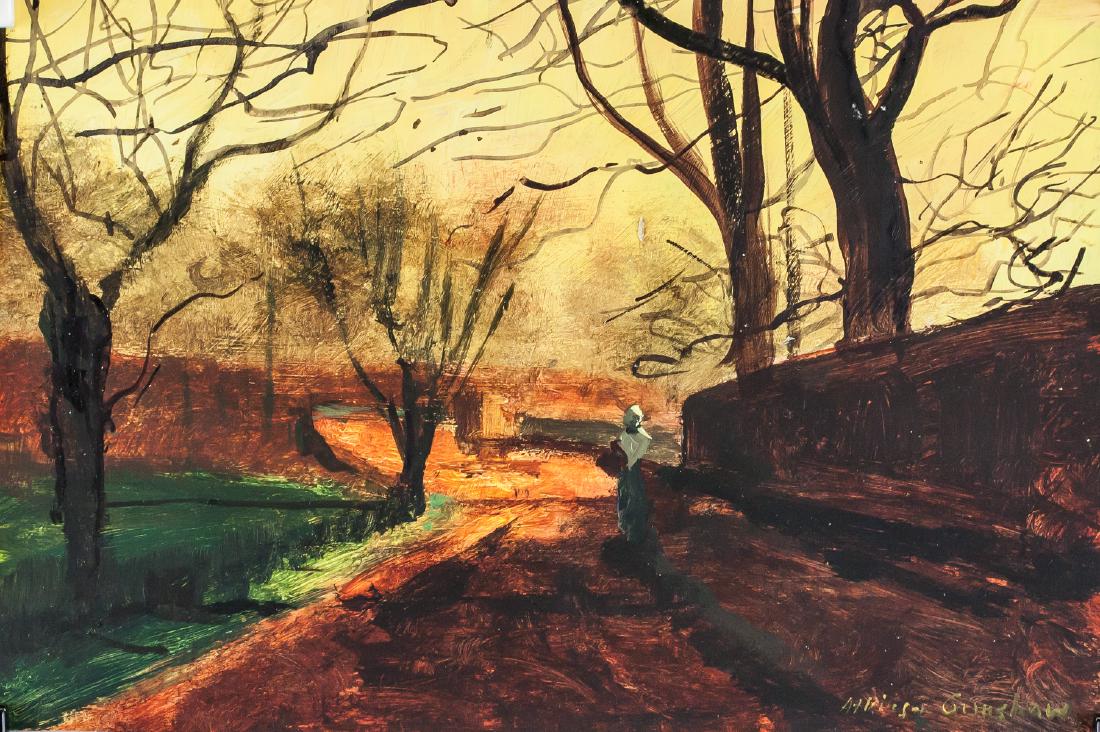 John Atkinson Grimshaw British Impressionist Oil: Oil and tempera on paper. Featuring a landscape scene with woman walking alongside path. Signed Atkinson Grimshaw on the lower right corner. Inscribed John Atkinson Grimshaw and 56, verso. Inscribed 6