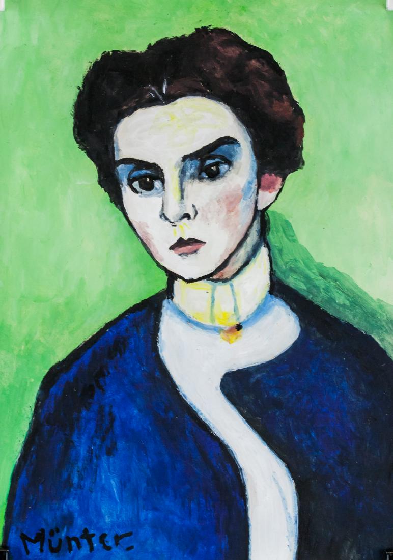 Gabriele Munter German Expressionist Gouache Paper: Gouache on paper. Featuring a portrait of a woman. Signed Munter on the lower left corner. Inscribed 2G8 and Gabriel Munter and stamped BAUHAIS KUNSTGALERIE on verso. Attributed to Gabriele Munter (18