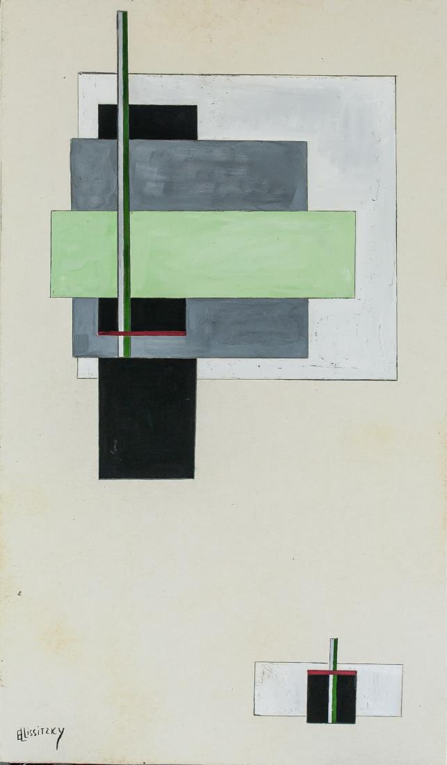 El Lissitzky Russian Constructivist Gouache Board: Gouache on board. Featuring a constructivist composition. Signed El Lissitzky on the lower left corner. Attributed to El Lizitzky (1890-1941, Russian). 31.5 x 18.5 cm (12.5 x 7.25 in). PROVENANCE: Sou