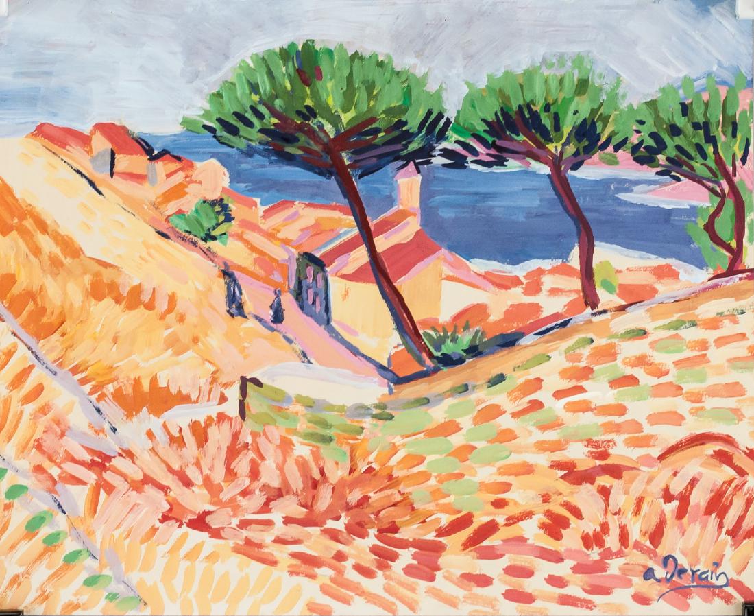 Andre Derain French Fauvist Gouache on Paper: Gouache on paper. Featuring a landscape sccene of coastal town. Signed a. Derain on the lower right corner. Inscribed in pencil illegibly on verso. Stamped faintly on verso. Attributed to Andre Derain
