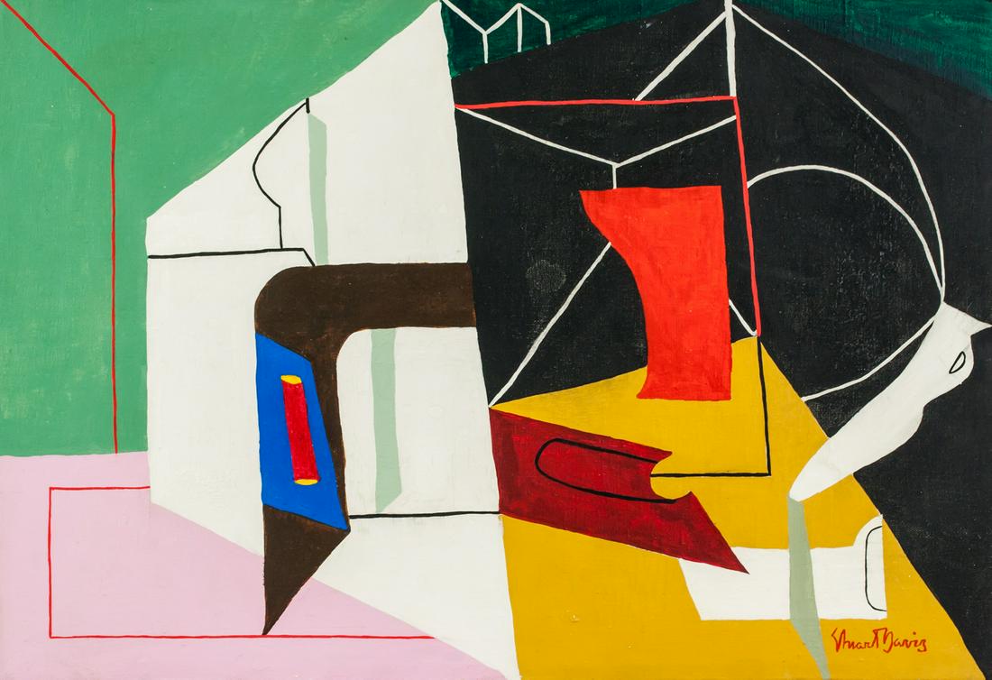 Stuart Davis American Modernist Oil on Canvas: Oil on canvas. Featuring a composition scene. Signed Stuart Davis on the lower right corner. Stamped illegibly on verso. Attributed to Stuart Davis (1892-1964, American). 65 x 45 cm (25.6 x 17.7 inche