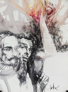 Raymond Moretti French Abstract Surrealist Ink: Ink and watercolor on paper. Featuring an abstract surrealist portrait of two figures with staircase leading upwards. Signed on the lower right corner. Entitled, ""L'Homme de la Mancha". Attributed to