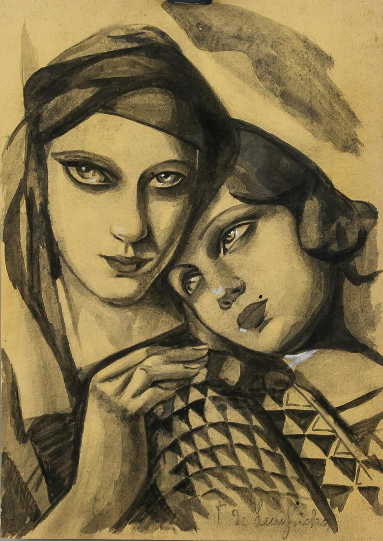 Tamara de Lempicka Polish Art Deco Charcoal Paper: Charcoal on paper. Featuring a portrait of two woman. Signed T. de Lempicka on the lower right corner. Stamped on the upper left corner, verso. Stamped and inscribed Darius Talyarken / 31 Pont Street