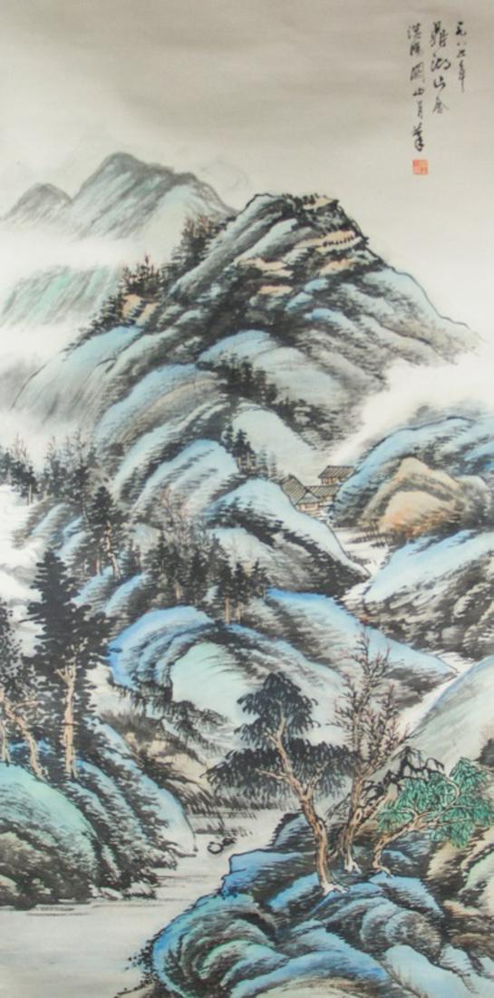 Guan Shanyue 1912-2000 Chinese Watercolour Paper: Mountainous landscape; Chinese ink and watercolour on paper roll; signed Guan Shanyue (1912-2000, Chinese); inscribed with 1 artist seal; 132 x 67 cm