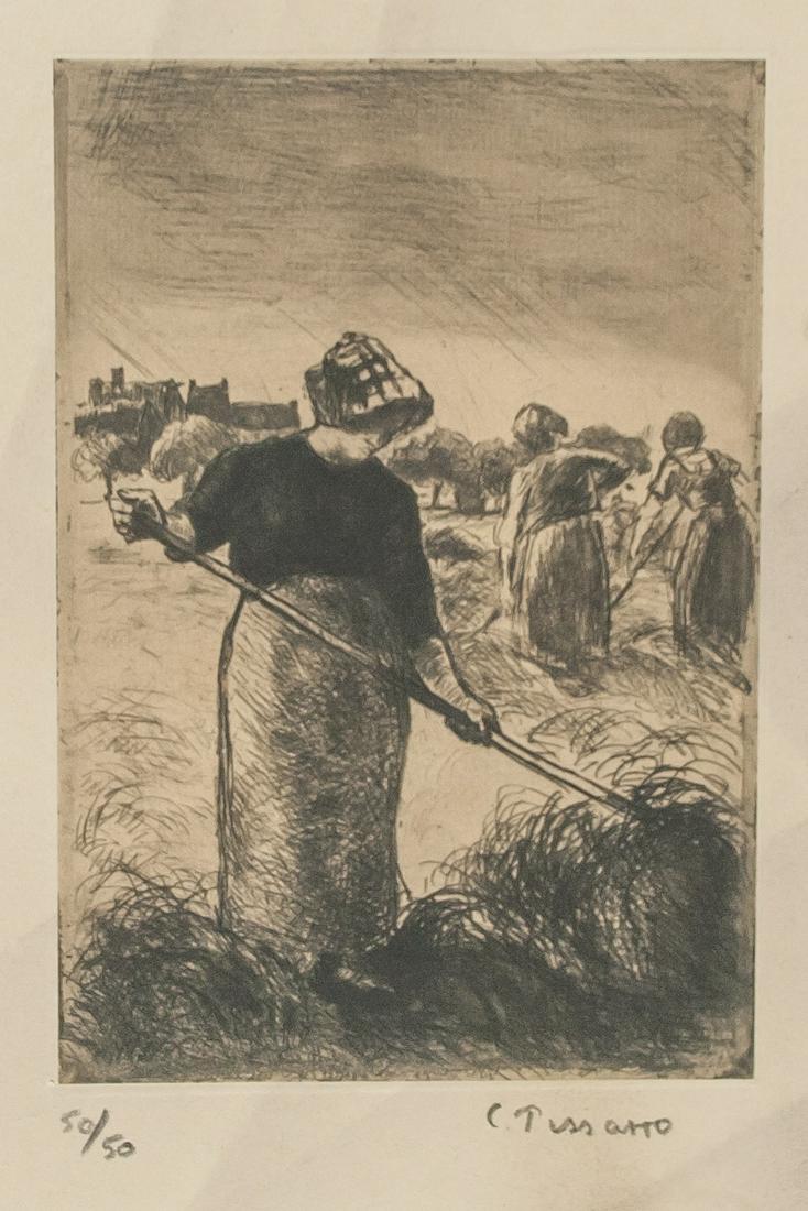 Camille Pissarro French Impress Signed Litho 50/50: Fine lithograph on paper. Featuring peasants. Signed C. Pissarro and inscribed 50/50 on the lower right and lower right corner, respectively. Attributed to Camille Pissarro (1830-1930, Danish-French).