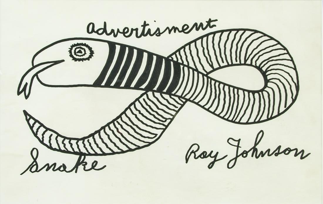 Ray Johnson Ink on Paper Advertisement Snake: Ink on paper, framed, featuring a snake. Signed Roy Johnson on the lower right corner. 19 x 30 cm (7.5 x 11.8 inches). Attributed to Ray Johnson (1927-1995, American. 19.2 x 30 cm (7.5 x 11.75 in). Fr