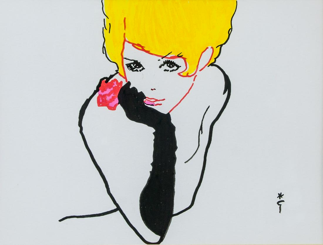 Rene Gruau French Pop Art Mixed Media on Paper: Mixed media on paper. Featuring a portrait of a woman. Signed with monogram on the lower right corner. Attributed to Rene Gruau (1909-2004, French).. 15 x 20 cm (5.9 x 7.9 inches). 15 x 20 cm (6 x 8 i