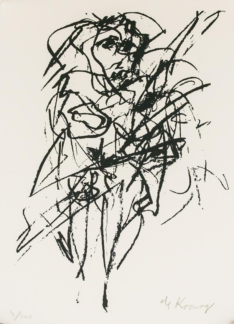 Willem de Kooning US Abstract Signed Litho 4/100: Lithograph on paper. Featuring an abstract expressionist portrait of nude. Signed de Kooning and inscribed 4/100 on the lower left corner. Stamped GOLDWIN ART INC and inscribed IV on verso. Attributed