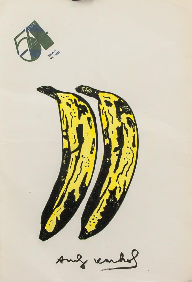 Andy Warhol American Pop Art Mixed Media Banana: Mixed media on paper. Featuring a banana and Studio 54 logo on the top left corner. Signed Andy Warhol on the lower edge. Attributed to Andy Warhol (1928-1987, American). 12.2 x 8.3 in. (31 x 21 cm). 