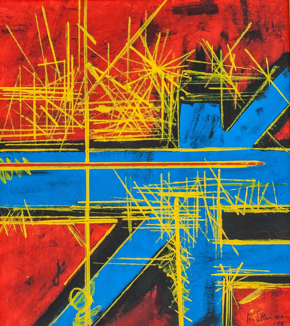 Georges Mathieu French Abstract Oil on Canvas: Oil on canvas, framed. Featuring a lyrical abstractionist composition. Signed Mathieu and inscribed 58 on the lower right corner. Attributed to Georges Mathieu (1921-2012, French). 49.5 x 44 cm (19.5