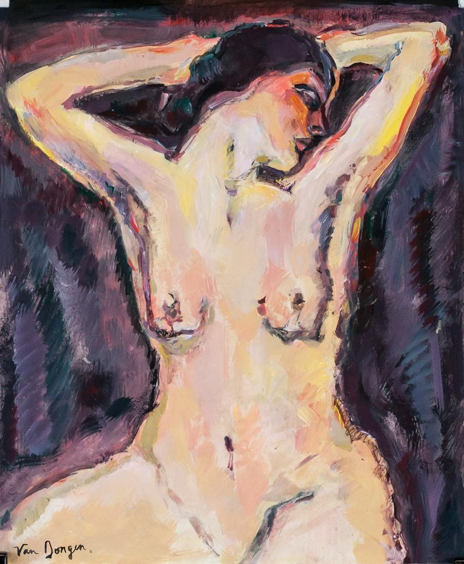 Kees van Dongen Dutch-French Fauvist Gouache Paper: Gouache on paper. Featuring a portrait of a nude. Signed Van Dongen on the lower left corner. Attributed to Kees van Dongen (1877-1968, Dutch-French). 25 x 20.5 cm (9.75 x 8 inches). PROVENANCE: South