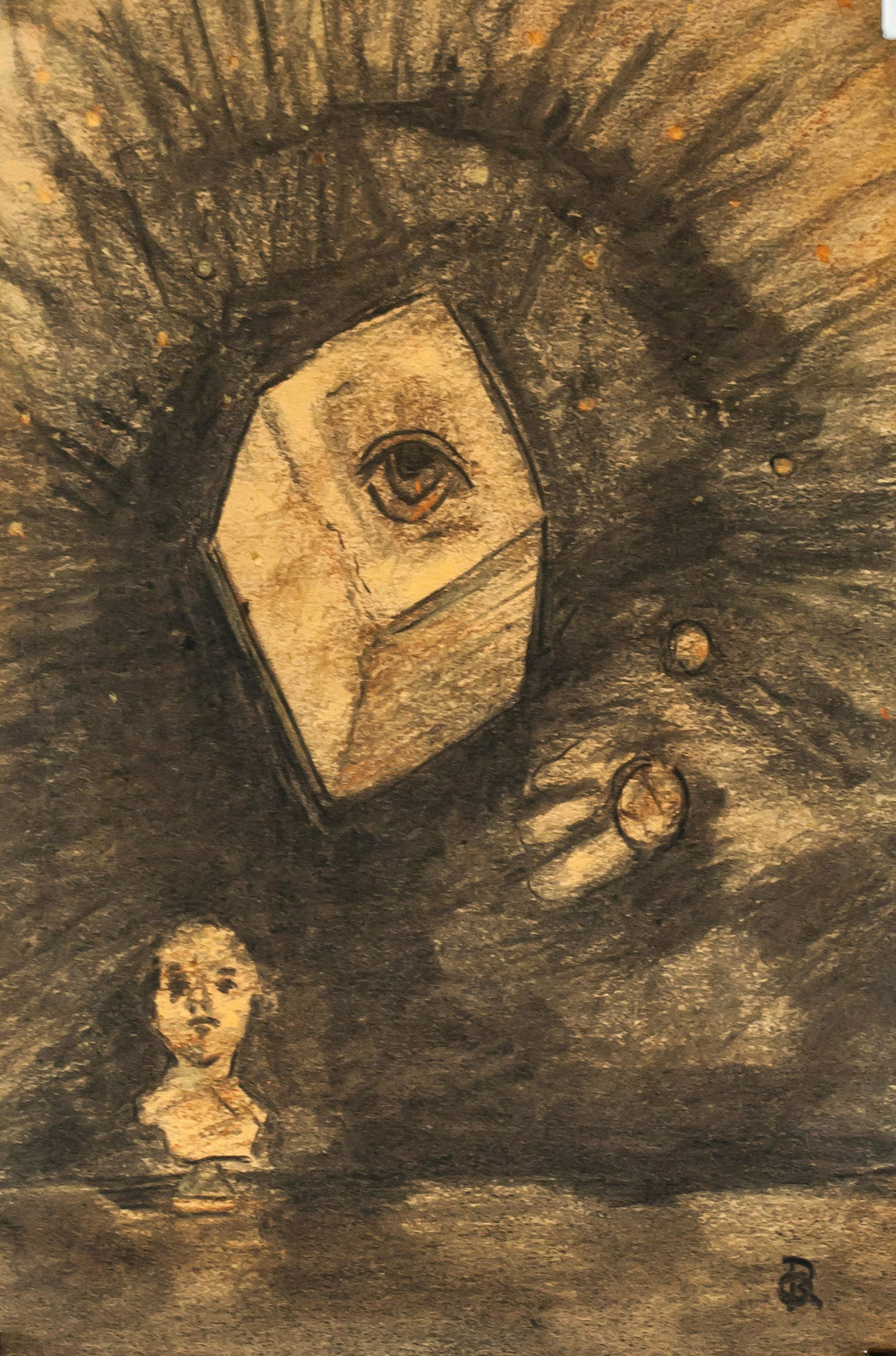Odilon Redon French Symbolist Charcoal Paper Od821: Charcoal on paper. Featuring a symbolist composition of a cube with an eye. Signed with monogram on the lower right corner. Attributed to Odlino Redon (1840-1916, French). Inscribed Od821 in pencil, v