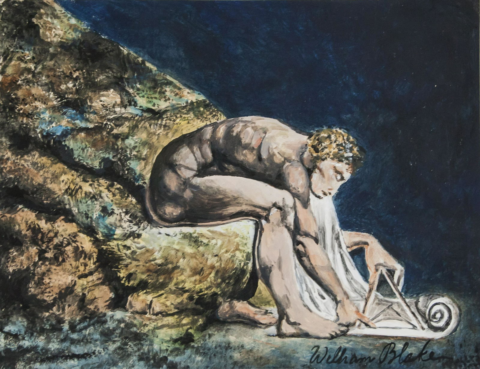 William Blake British Romanticist Gouache on Paper: Gouache on paper. Featuring a portrait of nude. Signed William Blake on the lower right corner. Inscribed in pencil Inv. 371 on verso. Stamped Antique Galleries London on verso. Inscribed in pencil Ca