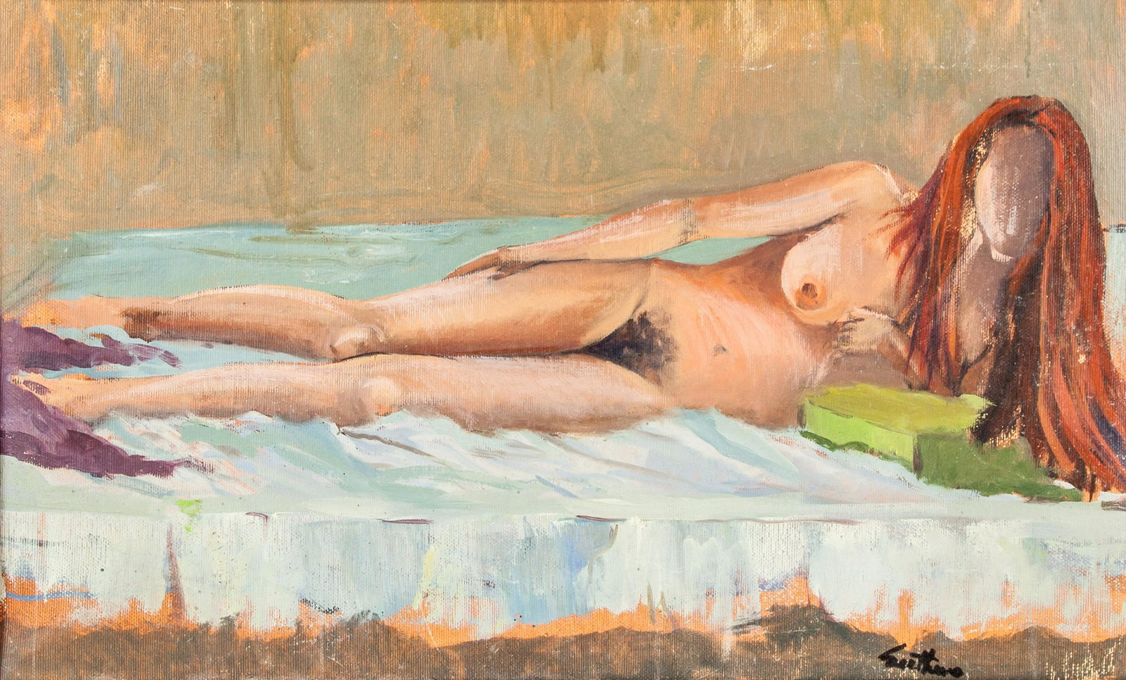 Renato Guttuso Italian Social Realism Oil Canvas: Oil on canvas, framed. Featuring a nude. Signed Guttuso on the lower right corner. Attributed to Renato Guttuso (1911-1987, Italian). 27 x 44.5 cm (10.6 x 17.5 inches), frame: 31 x 49 cm (12.2 x 19.3