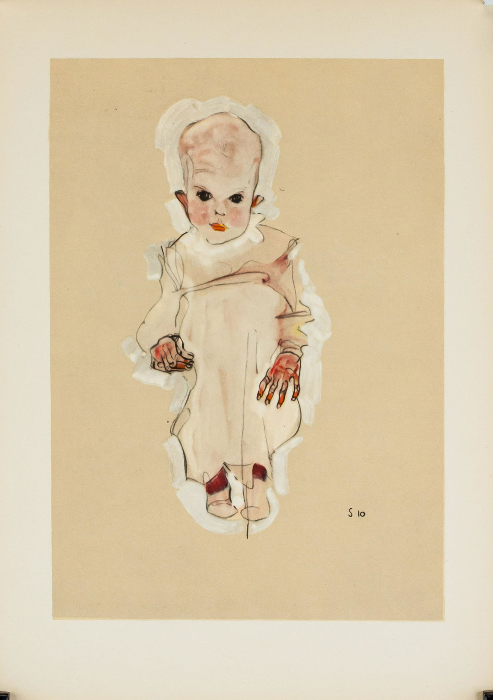 Egon Schiele Austrian Signed Litho S10 1910: Lithograph on paper. Featuring a portrait of a baby. Inscribed S 10 on the lower right corner. Inscribed Baby. 1910. Kreide und Aquarell, 450 : 318 mm. Privatbesitz, Wien / Bebe. 1910. Pierre noire et