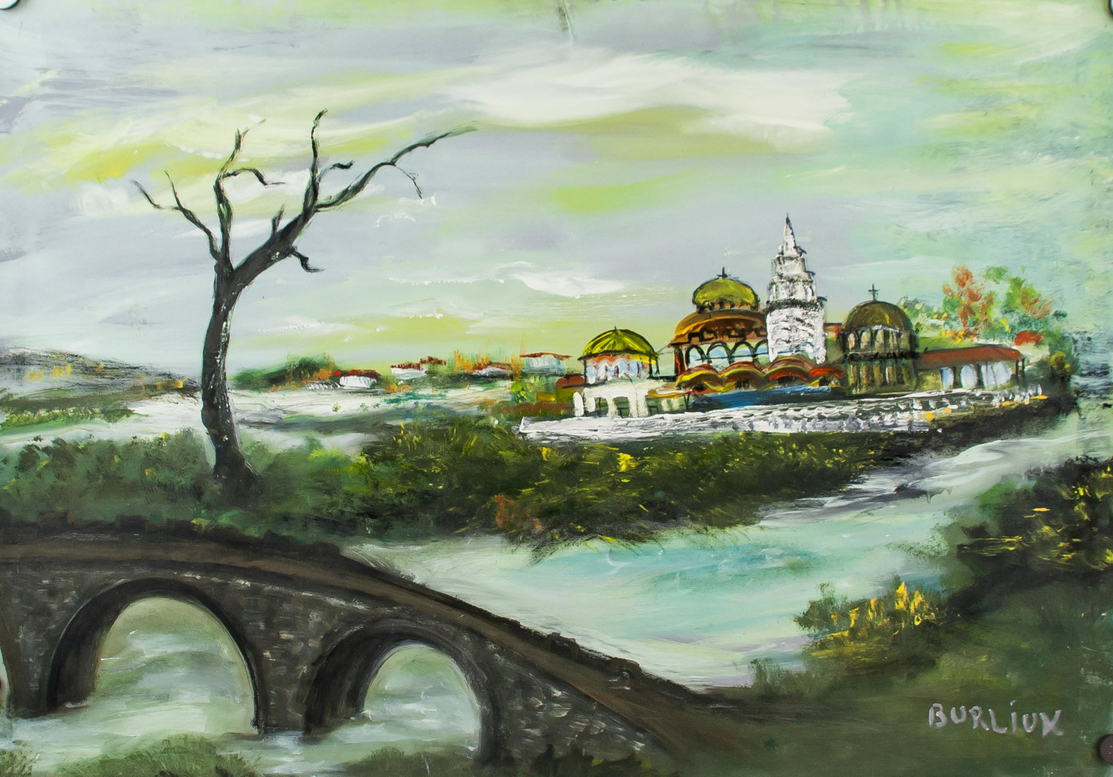 David Burliuk Ukrainian Futurist Oil on Canvas: Oil on canvas, unstretched. Featuring a landscape scene. Signed BURLIUK on the lower right corner. On verso inscribed a landscape sketch of an orthodox church building. Attributed to David Burliuk (18
