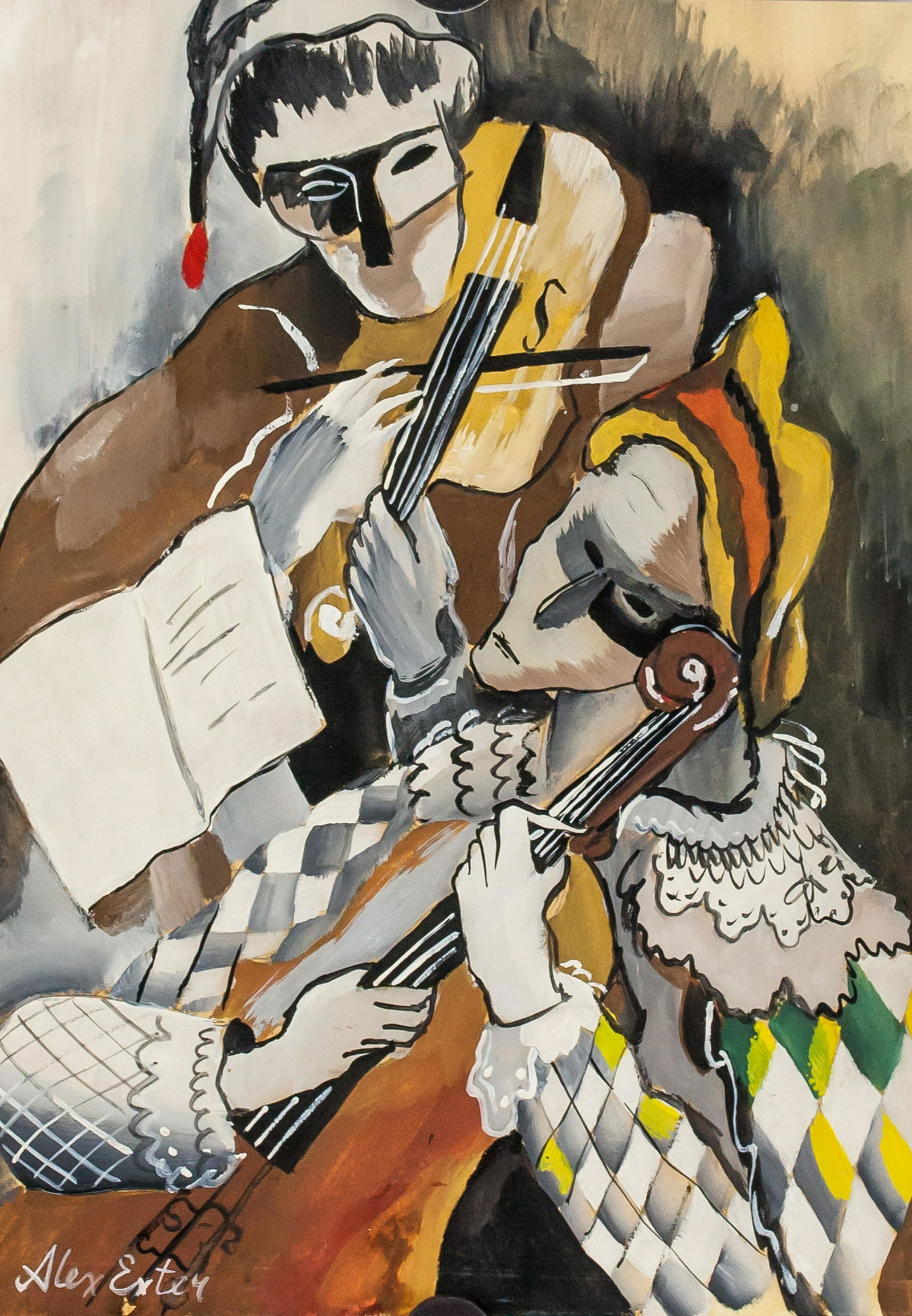 Alexandra Exter Russian Suprematist Gouache: Gouache on paper. Featuring a portrait of two instrumentalists. Signed Alex Exter on the lower left corner. Attributed to Alexandra Exter (1882-1949, Russian). 27 x 19 cm (10.5 x 7.5 inches) Aleksandr