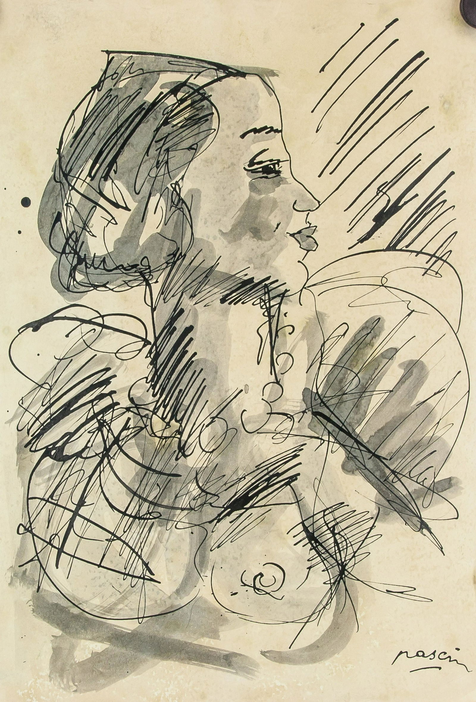 Jules Pascin Bulgarian Cubist Ink Paper: Ink on paper. Featuring a portrait of a woman. Signed Pascin on the lower right corner. Attributed to Jules Pascin (1885-1930, Bulgarian born French). 11.5 x 8.25 inch (29.2 x 30 cm). PROVENANCE: Priv