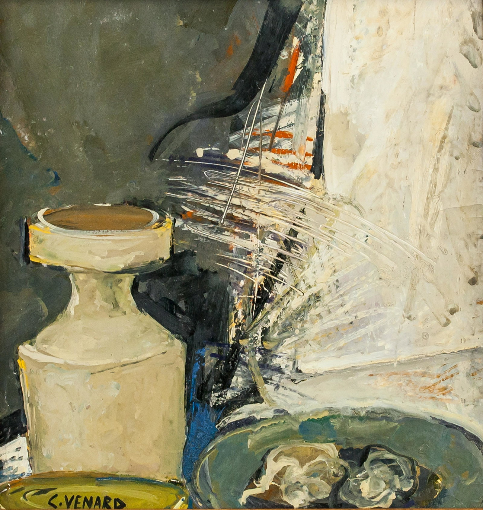 Claude Venard French Post-Cubist Oil on Board: Oil on board. Featuring a cubist still life of vase and plate. Signed C. VENARD on the lower left corner. Attributed to Claude Venard (1913-1999, French). 41 x 39.5 cm (16.25 x 15.5 inches). Framed si