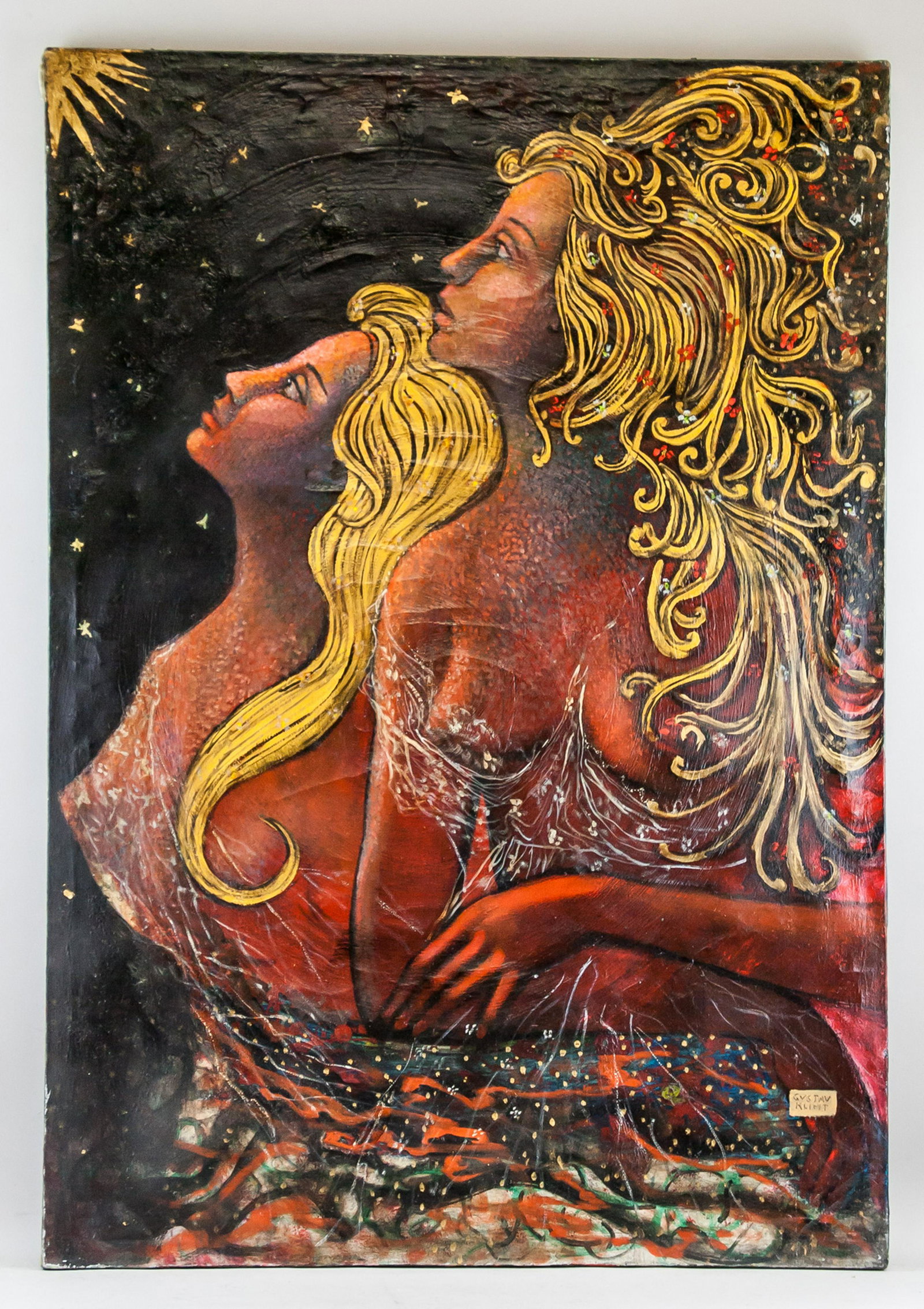 Gustav Klimt Austrian Art Nouveau Oil on Canvas: Oil on canvas, stretched and unframed. Featuring two golden-haired woman looking toward the sun in a dark sky. Signed Gustav Klimt toward bottom right corner. Stamped with "MINISTERIO DE CULTURA [ille