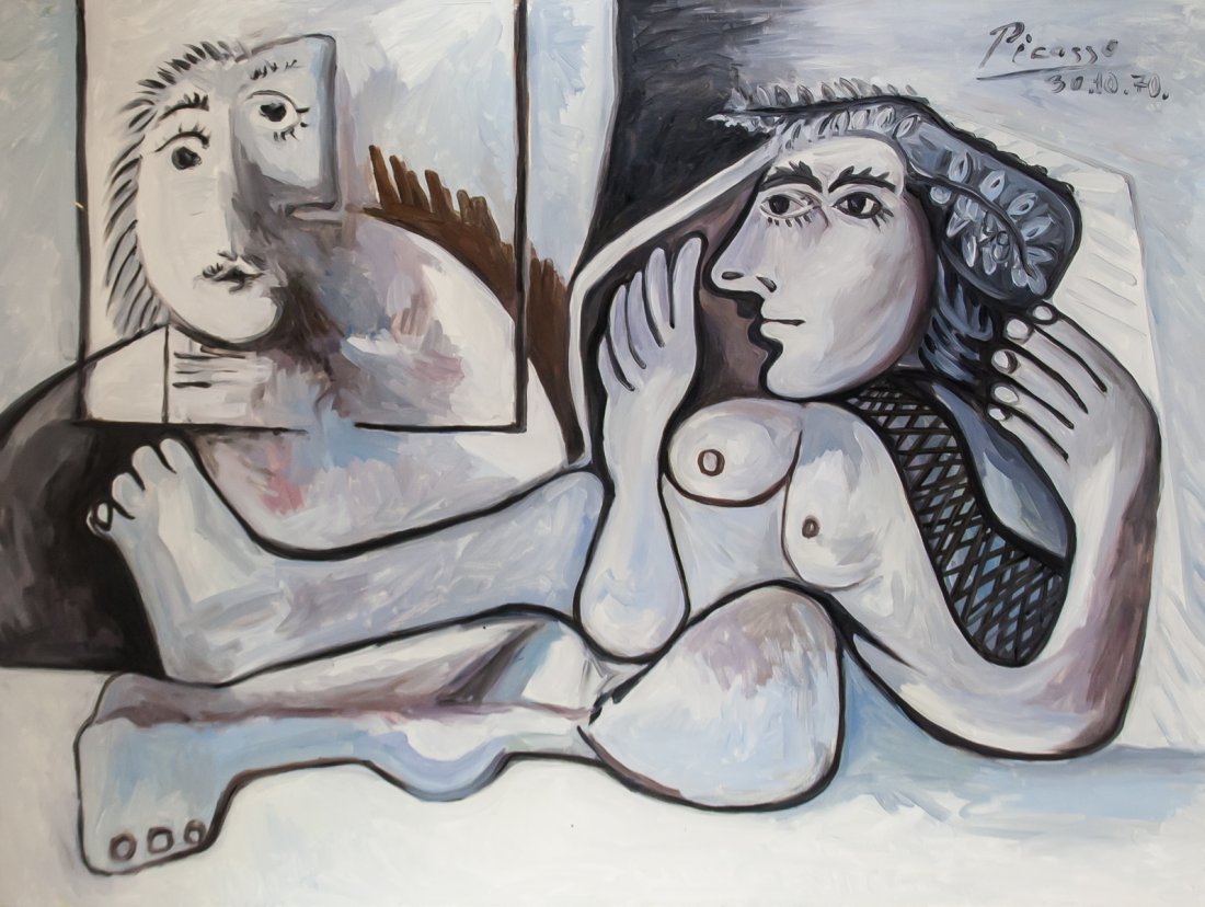 Pablo Picasso Spanish Cubist OOC Portrait 30.10.70: Oil on canvas. Featuring a cubist portrait of reclining nude figure. Signed Picasso on the upper left corner and inscribed 30.10.70. Inscribed on verso 30.10.70. Attributed to Pablo Picasso (1881-1973