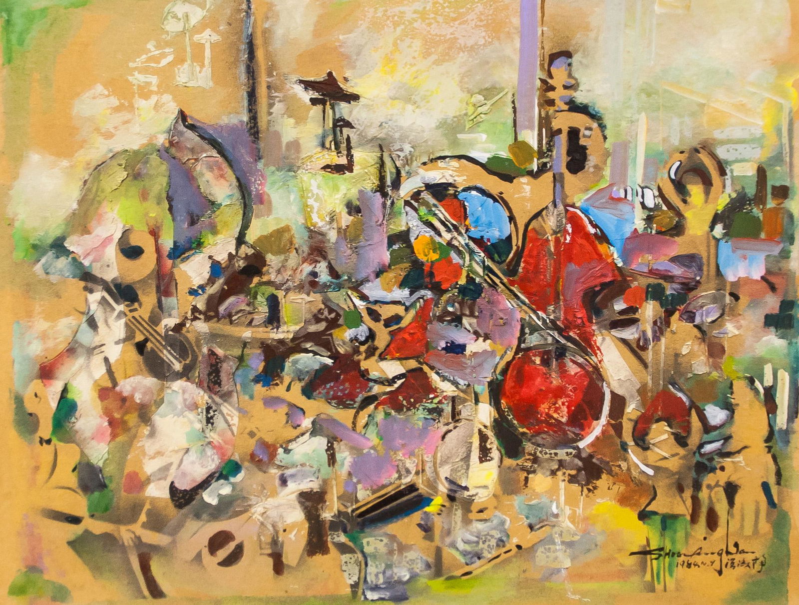 Shoo Ching Wan XX Chinese Oil on Board: Oil on board. Featuring abstract composition. Signed by Shoo Ching Wan (Chinese, 20th century). 45 x 68 cm (17.7 x 28 inches) . PROVENANCE: Acquired from the artist. Kagan Fine Art (2017)