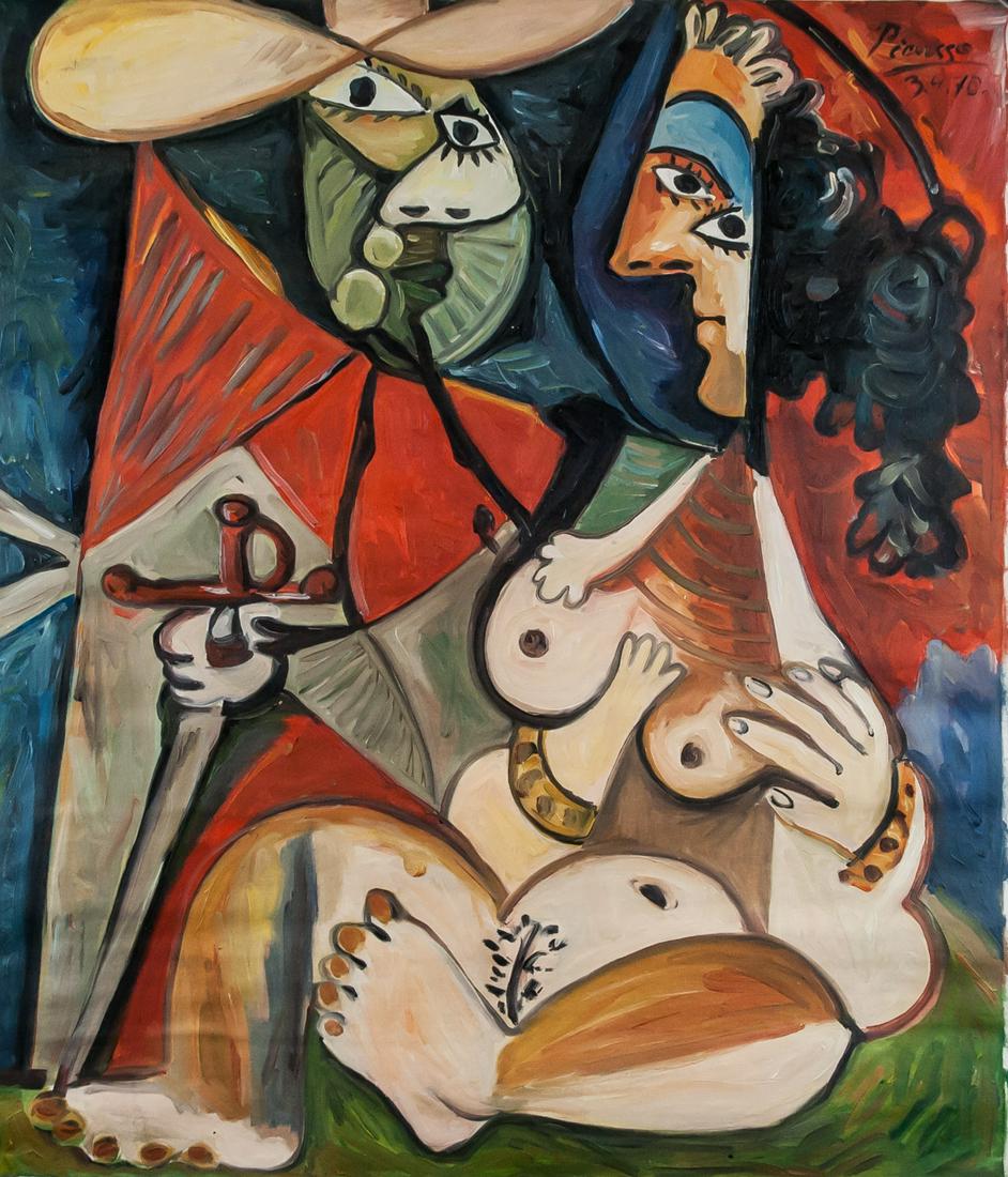 Pablo Picasso Spanish Cubist Oil on Canvas 3.4.70: Oil on canvas. Featuring a cubist nude portrait. Signed Picasso and inscribed 3.4.70 on the upper right corner. Inscribed 3.4.70 on verso. Attributed to Pablo Picasso (1881-1973, Spanish). Image: 83.5