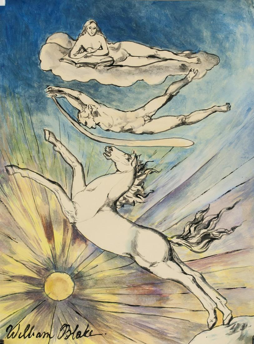 William Blake British Romanticist Mixed Media: Mixed media on paper. Featuring a portrait composition scene. Signed William Blake on the lower left corner. Inscribed INV 652 on the upper right corner of verso. Stamped ANTIQUES GALLERIES London on