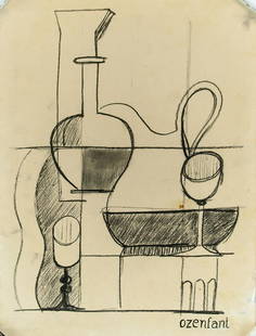 Amedee Ozenfant French De Stijl Charcoal Paper: Charcoal on paper, featuring abstract still life painting, signed Ozenfant on the lower right corner, with blue stamps on verso. Attributed to Amedee Ozenfant (1886-1966, French). 39.5 x 29.5 cm (15.6