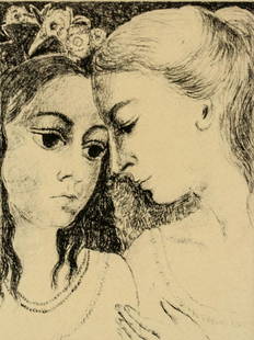 Paul Delvaux Belgian Signed Etching 27/75: Etching on paper. Featuring a portrait of two ladies. Signed P. Delvaux and inscribed 27/75 on the lower right and lower left corner, respectively. Attributed to Paul Delvaux (1897-1994, Belgian). 15