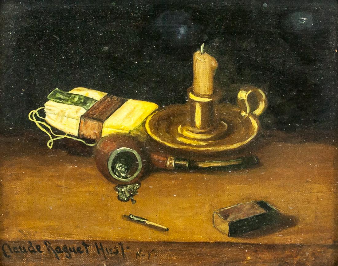 Claude Raguet Hirst NY American Oil Canvas Still: Oil on canvas, stretched and framed. Featuring still life of a candle, with a piple, matches, and tobacco bag next to it. Signed Claude Raguet Hirst N. Y. on the bottom left corner. Sticker affixed to