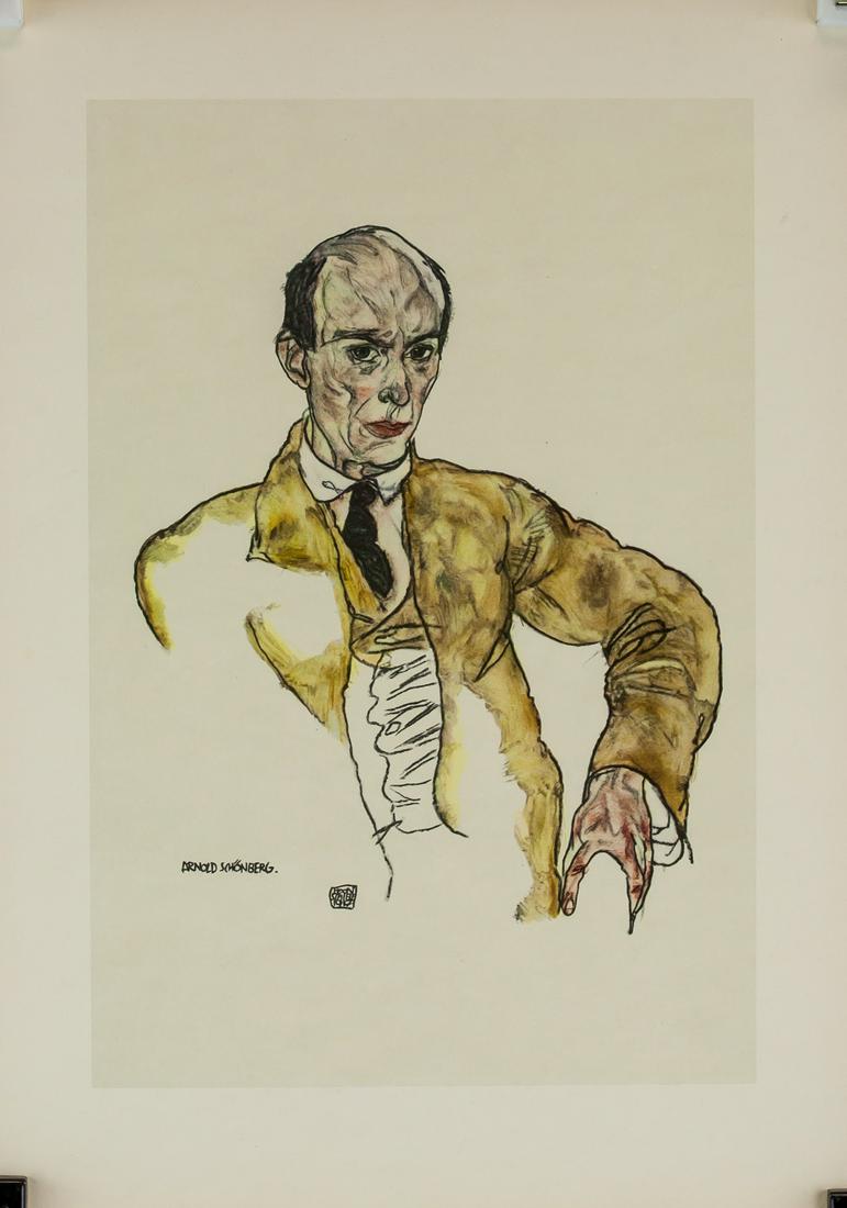 Egon Schiele Austrian Expressionist Signed Litho: Lithograph on paper. Inscribed "Arnold Schonberg" on the lower left corner. Signed EGON SCHIELE on the lower left corner. Inscribed Arnold Schonberg. 1917. Kreide und Aquarell, 460 : 294 mm. Mr. Charl