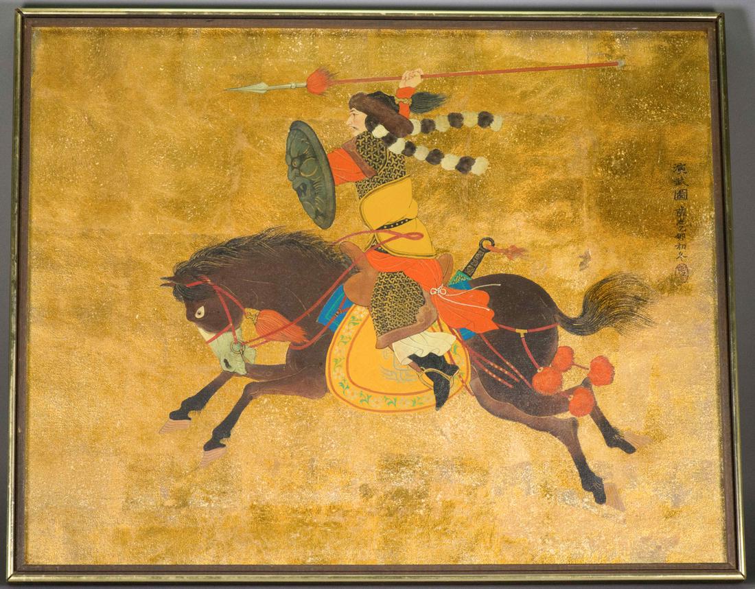 Chinese Watercolor Warrior Framed Portrait: Ink and watercolor on canvas, framed. Featuring a man holding a spear on a horse. 51 x 75 cm