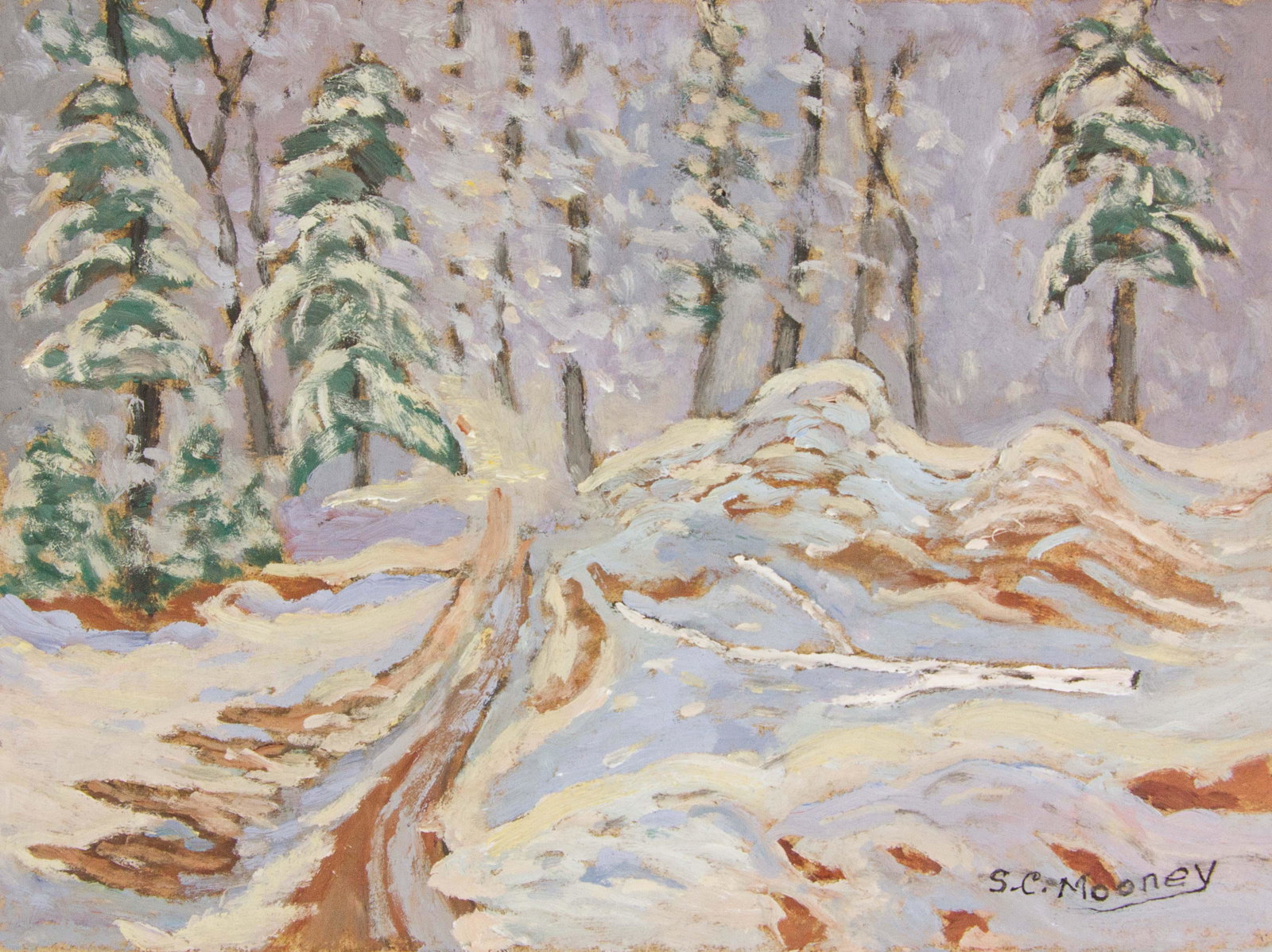 Sidney Charles Mooney b.1927 Canadian Oil on Board: Oil on board. Featuring landscape scene. Entitled, "Bush Road." Signed and attr. Sidney Charles Mooney (b.1927, Canadian) with inscription of title on verso. 6 x 8 in. (15.2 x 20.32 cm). PROVENANCE: P