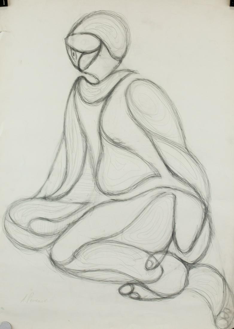 Antoine Pevsner Russian-French Modernist Pencil: Pencil on paper. Sketch of figure. Signed A Pevsner on the lower left corner. Attributed to Antoine Pevsner (1884-1962, Russian). 71 x 50 cm (28 x 19.75 inches). PROVENANCE: Southern Ontario estate