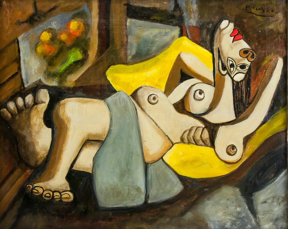 Pablo Picasso Spanish Cubist Oil Canvas Portrait: Oil on canvas, framed. Featuring a cubist portrait of reclined nude, Signed Picasso on the upper right corner. Label affixed to upper right corner inscribed ALEX MAGUY / GALERIE DE L'ELYSEE / 69, Eg S