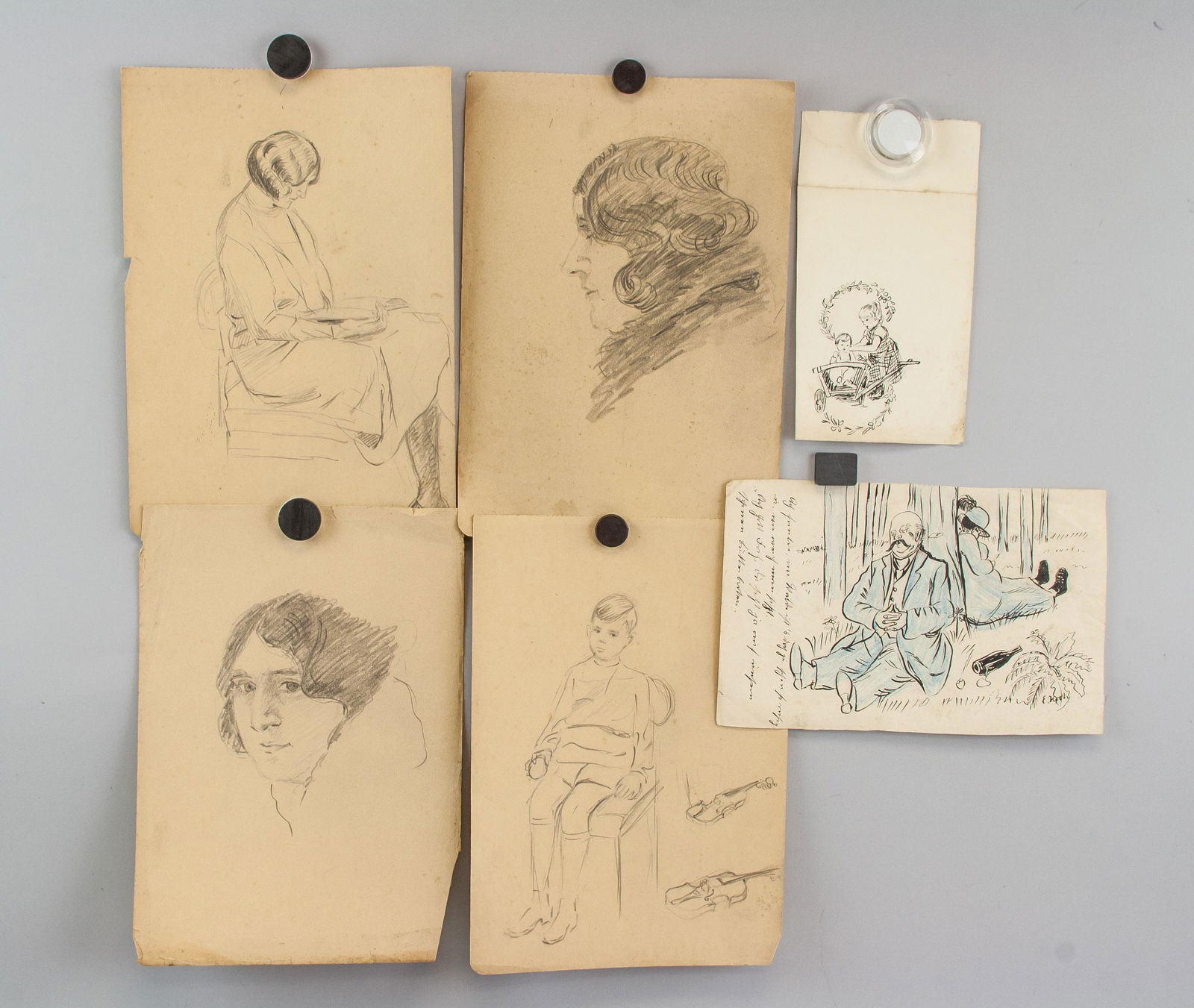 Unknown Artist 6 pcs (2 Ink, 4 Graphite On paper): Ink and graphite on paper. Featuring 6 pieces assorted drawings of portraits and cartoons. 11 x 8 in. (27.9 x 20.3 cm)