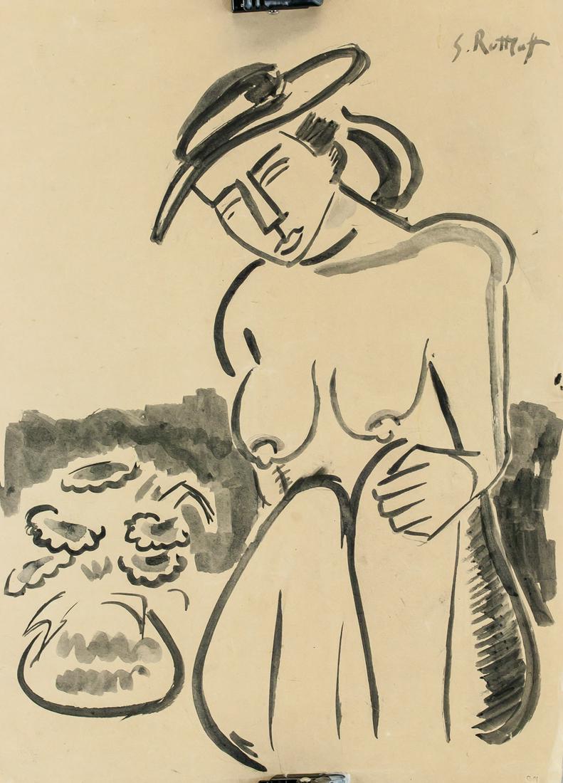 Karl Schmidt-Rottluff German Expressionist Ink: Ink on paper. Featuring a nude portrait. Signed S. Rottluff on the upper right corner. Inscribed with a flower on verso. Three illegible stamps on the upper left and bottom right corners. Attributed t